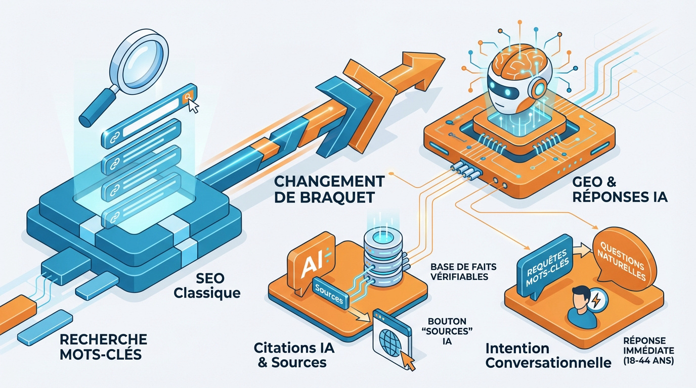 Référencement IA - Transition stratégique du référencement classique vers l'optimisation pour les moteurs génératifs