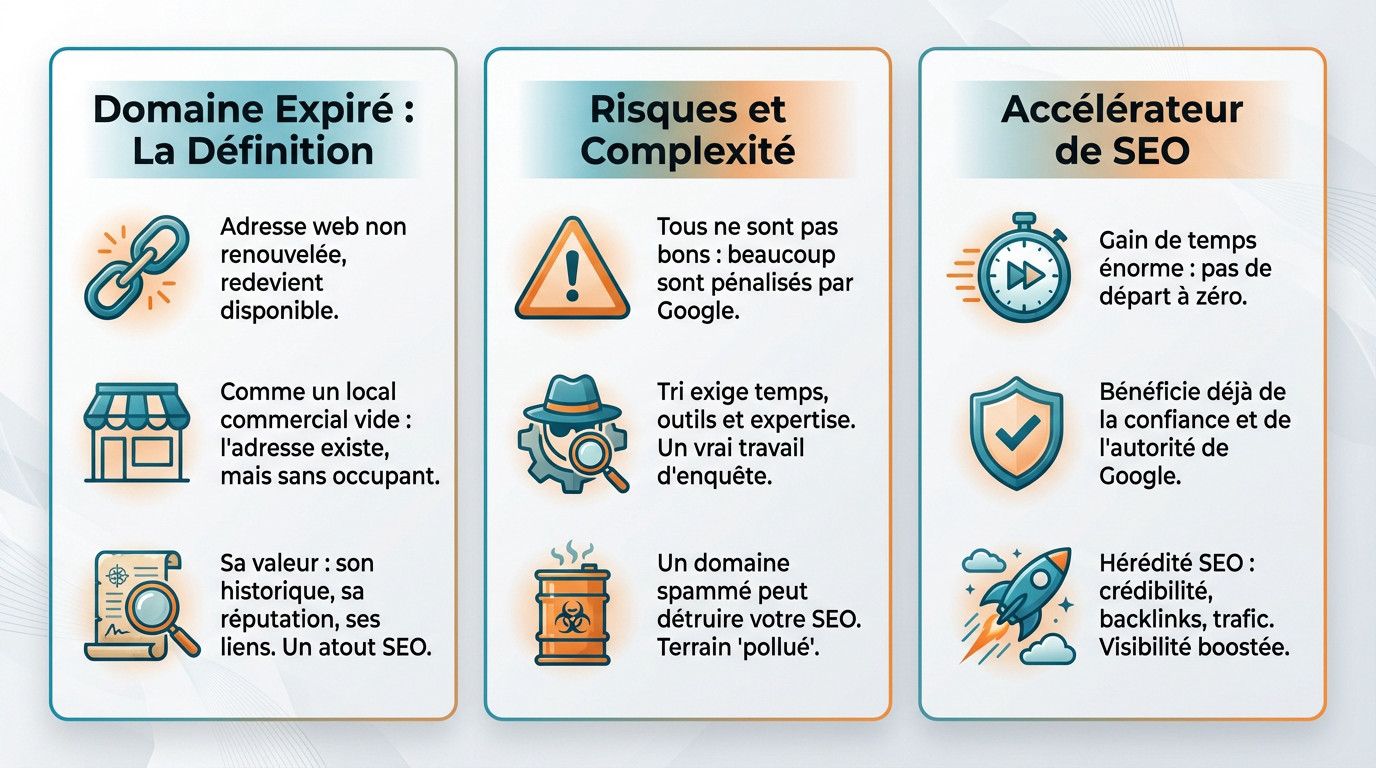 Schéma expliquant les avantages SEO et les risques liés à l'achat de domaines expirés
