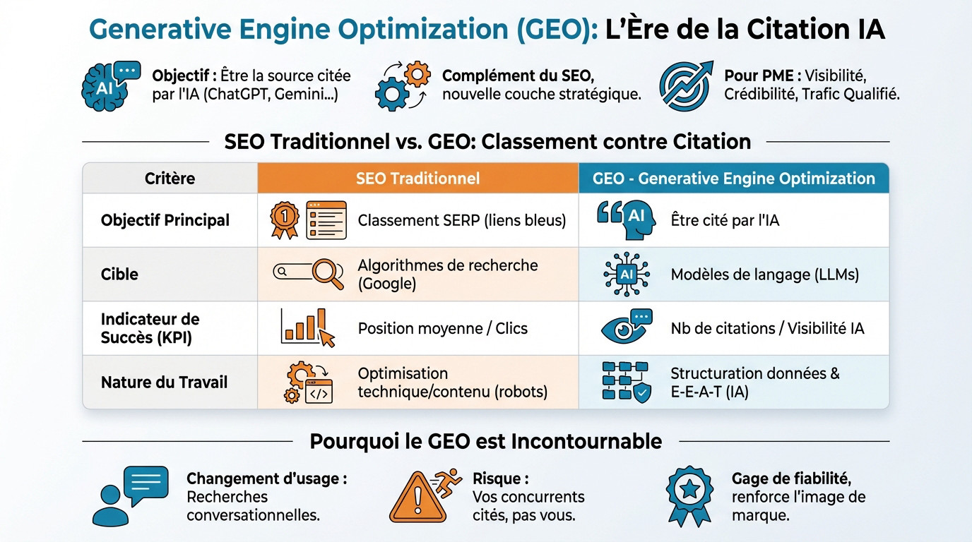 Comparaison visuelle entre le SEO traditionnel et le GEO à l'ère de l'IA