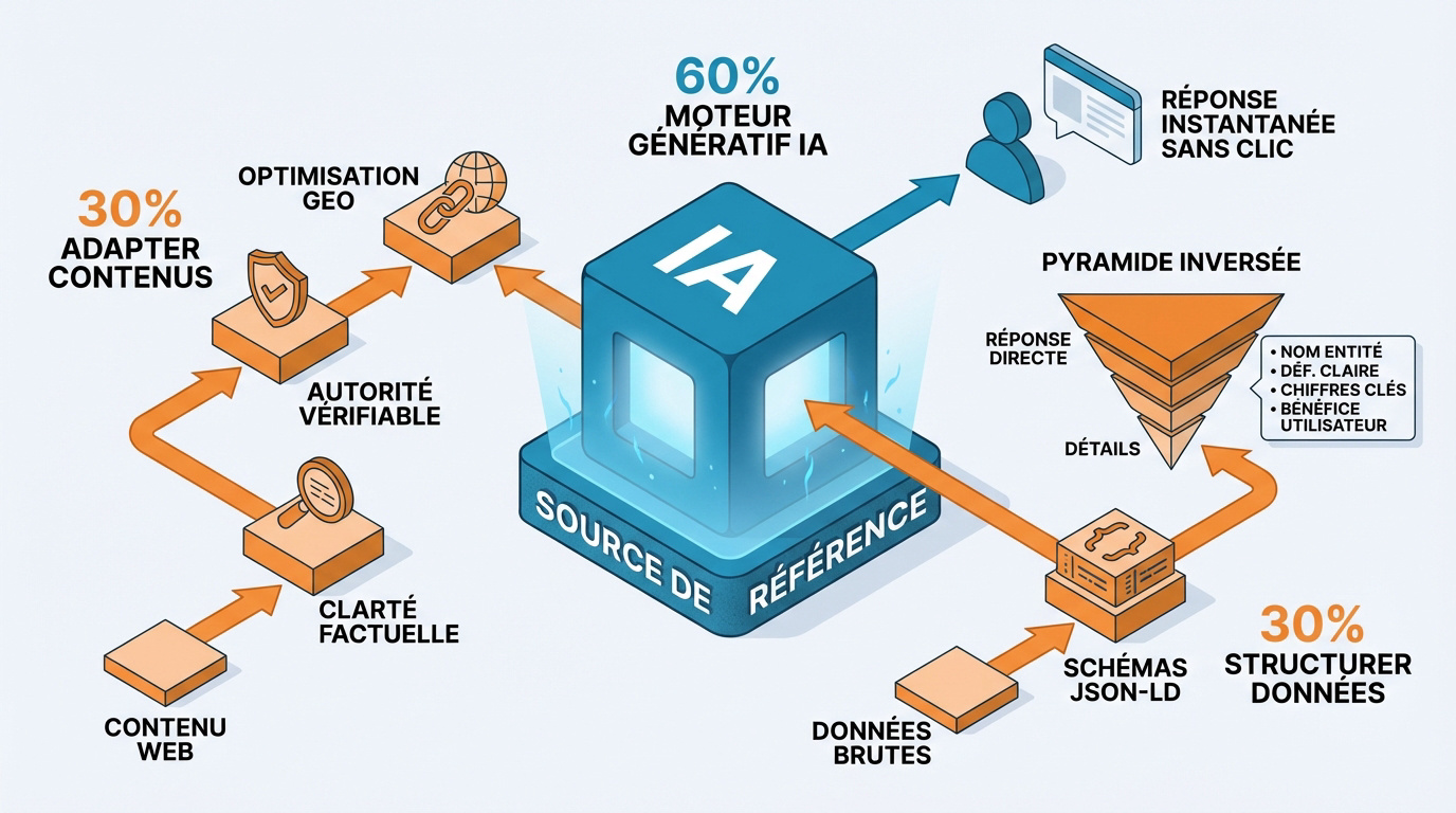 Schéma expliquant le fonctionnement du GEO de la source à la réponse IA