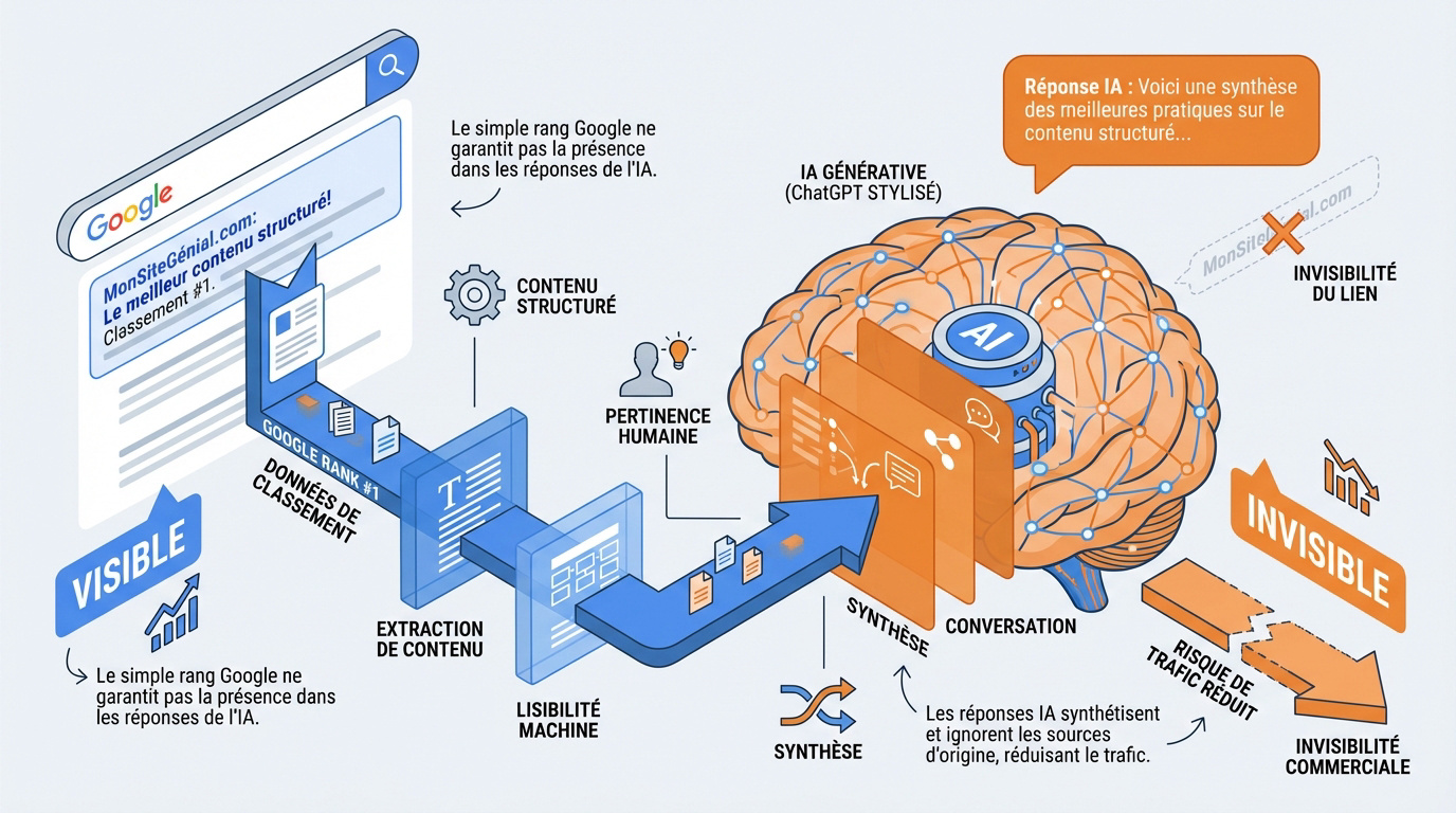 Graphique comparatif entre le classement SEO traditionnel sur Google et la présence dans les réponses d'intelligence artificielle